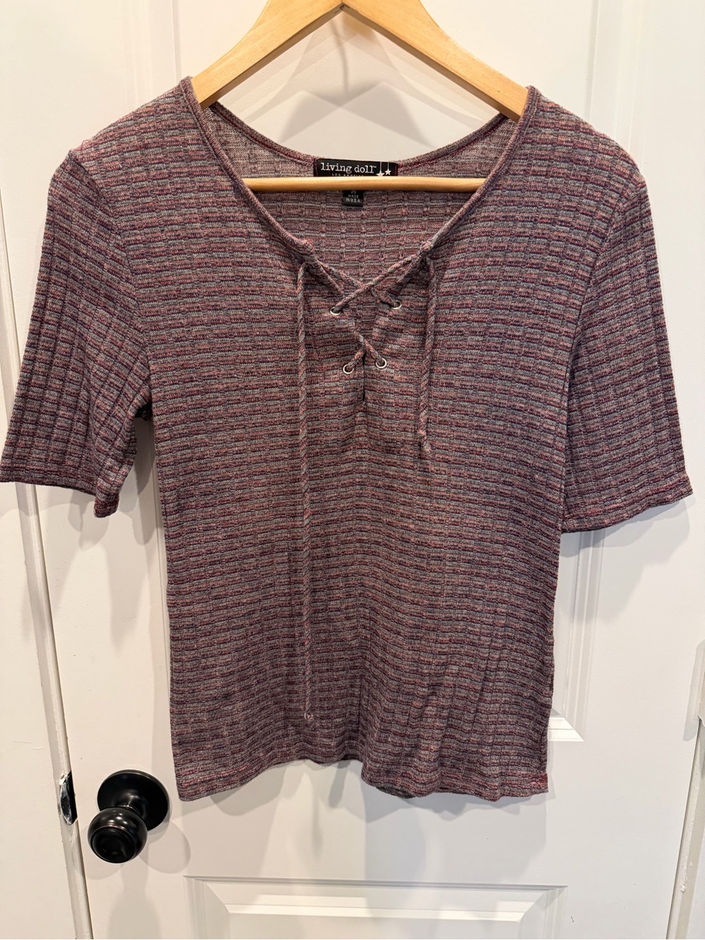 living doll Plum Heather Lace-Up Ribbed Short Sleeve Top
